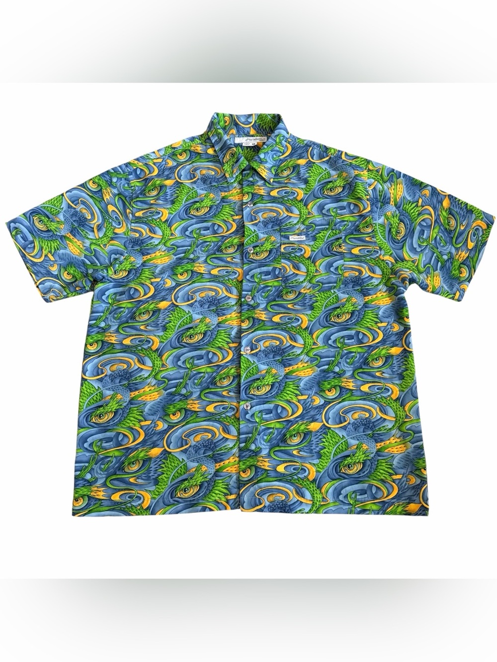Vintage Rusty Men’s Hawaiian Shirt Sz XL Dragon All Over Print Camp Surfer Y2K